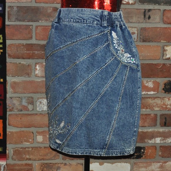 Vtg 80s Jazzino Acid Wash Denim Jean Silver Stud Embroidered Rhinestone Skirt M - Picture 4 of 4